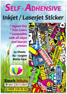 Inkjet ve Laser uyumlu 50 Adet A4 Sticker Güçlü Yapışkanlı Etiket Kağıdı MAT YÜZEYLİ 120gsm 