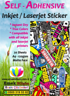 Inkjet ve Laser uyumlu 20 Adet A4 Sticker Güçlü Yapışkanlı Etiket Kağıdı MAT YÜZEYLİ 120gsm 